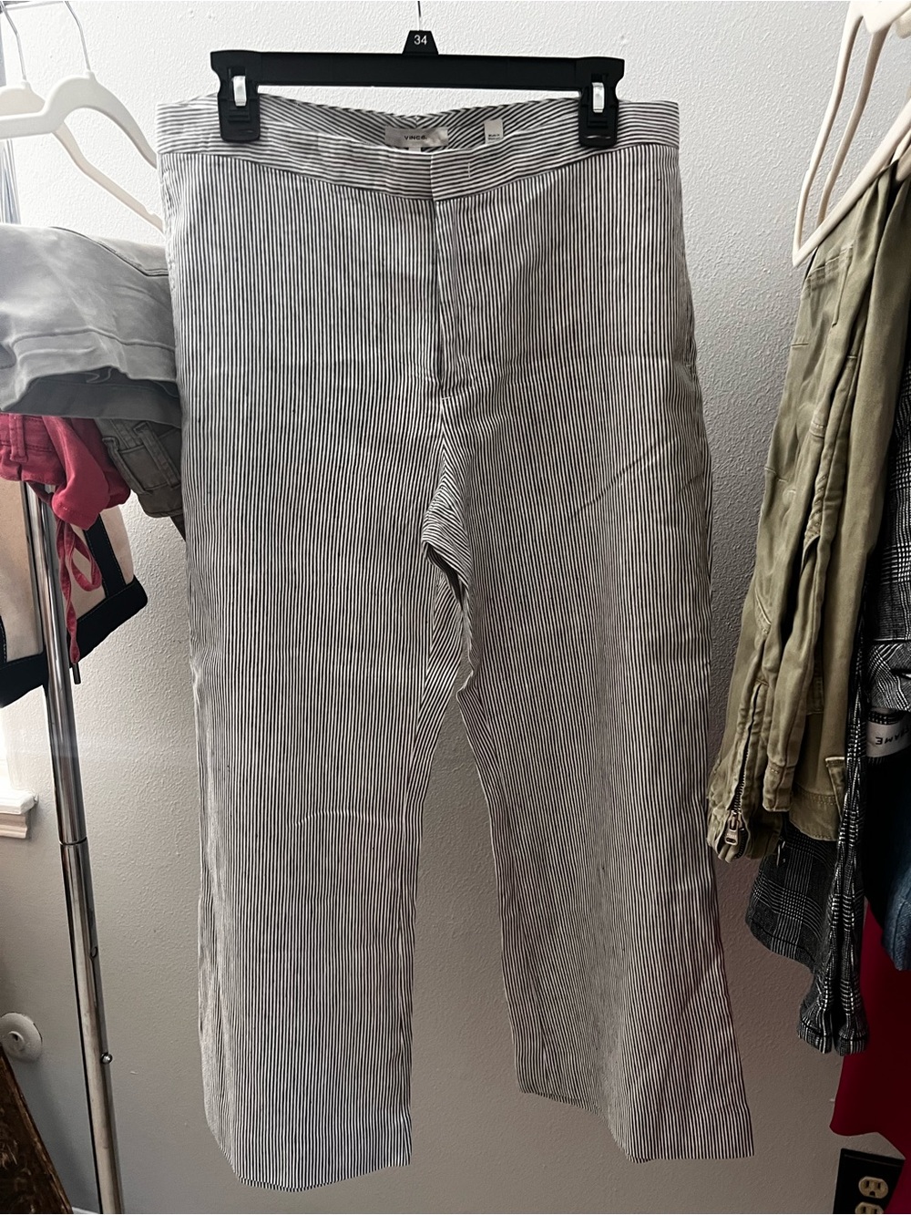 Vince Linen Navy and White Pinstripe Wide-Leg Trousers